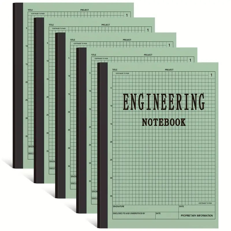 5pcs Green Engineering Notebooks - 120 Pages Each, 8.5" x 11" Grid Format Paperback Graph Paper for Engineers